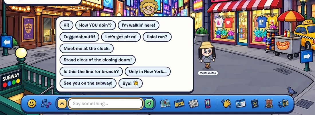 The chat box on the toolbar, with quick phrases like Hi!, Let's get pizza! and I'm walkin' here! popping up above it.