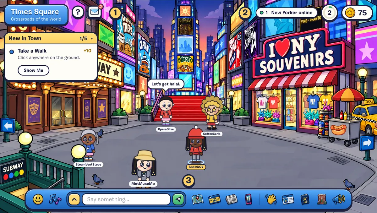 Times Square in the game, with three numbered markers: 1 on the place name at the top left, 2 on the level ring and coins at the top right, 3 on the toolbar along the bottom.