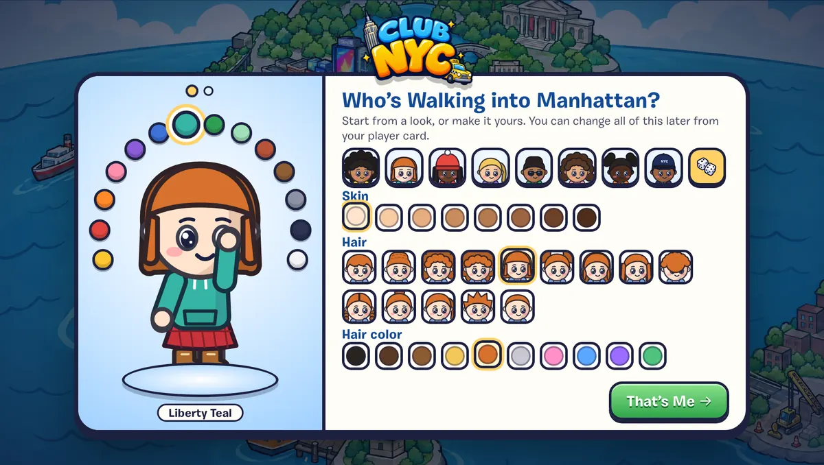 The first screen of the New Yorker maker, with eight ready-made looks, skin, hair and hair color rows, and a ring of colors around the avatar.
