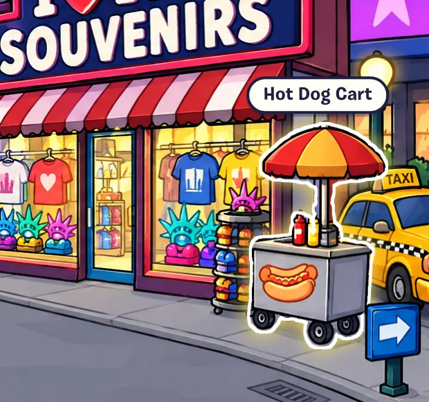 A hot dog cart glowing in Times Square, with its label floating above it.