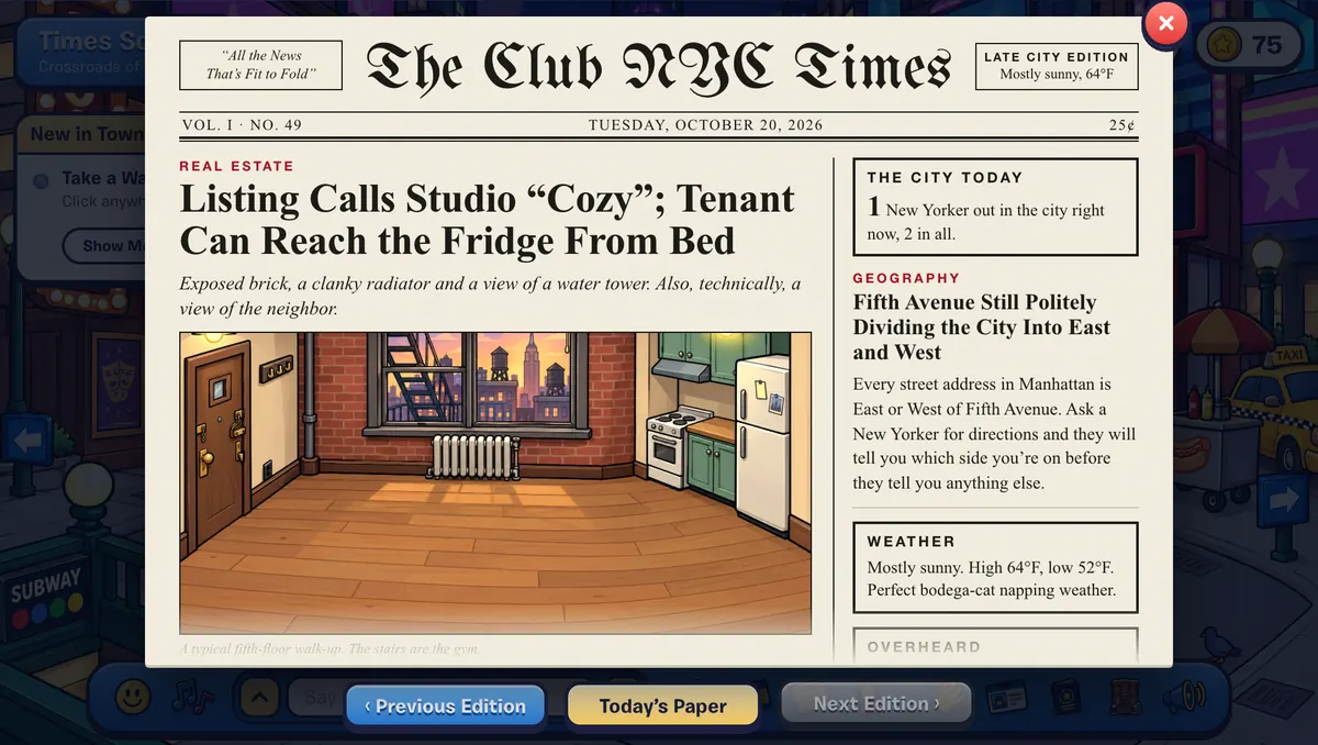 The front page of the Club NYC Times, with today's headline, a picture, and the Inside box listing the sections.