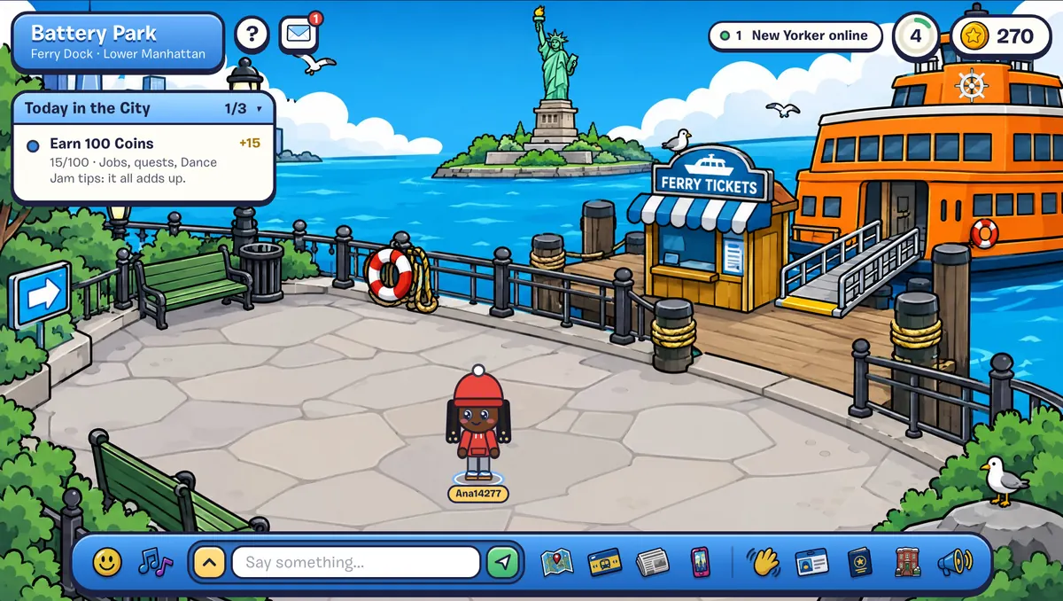 Battery Park's ferry dock, with the ferry, the ticket booth, benches and Lady Liberty in the distance.