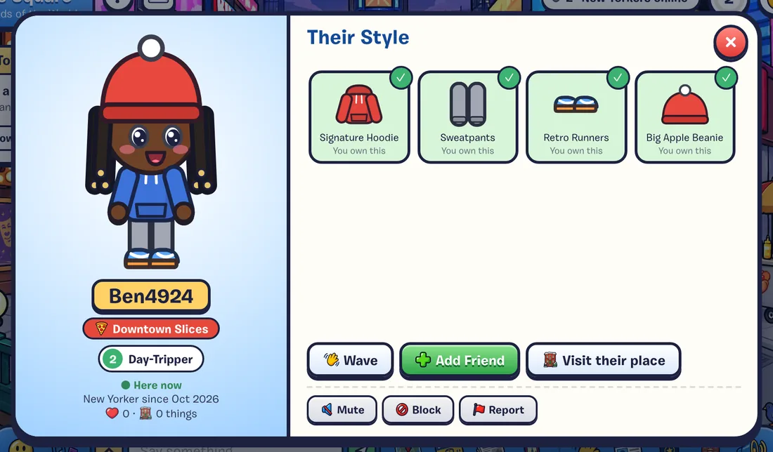 Another player's card, with Wave, Add Friend and Visit Their Place buttons, and Mute, Block and Report underneath.