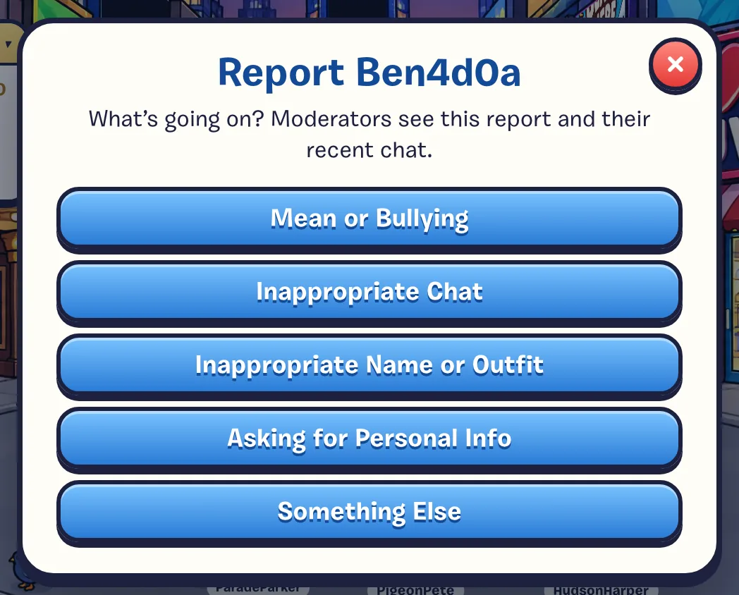 The report dialog, with five reasons to choose from.