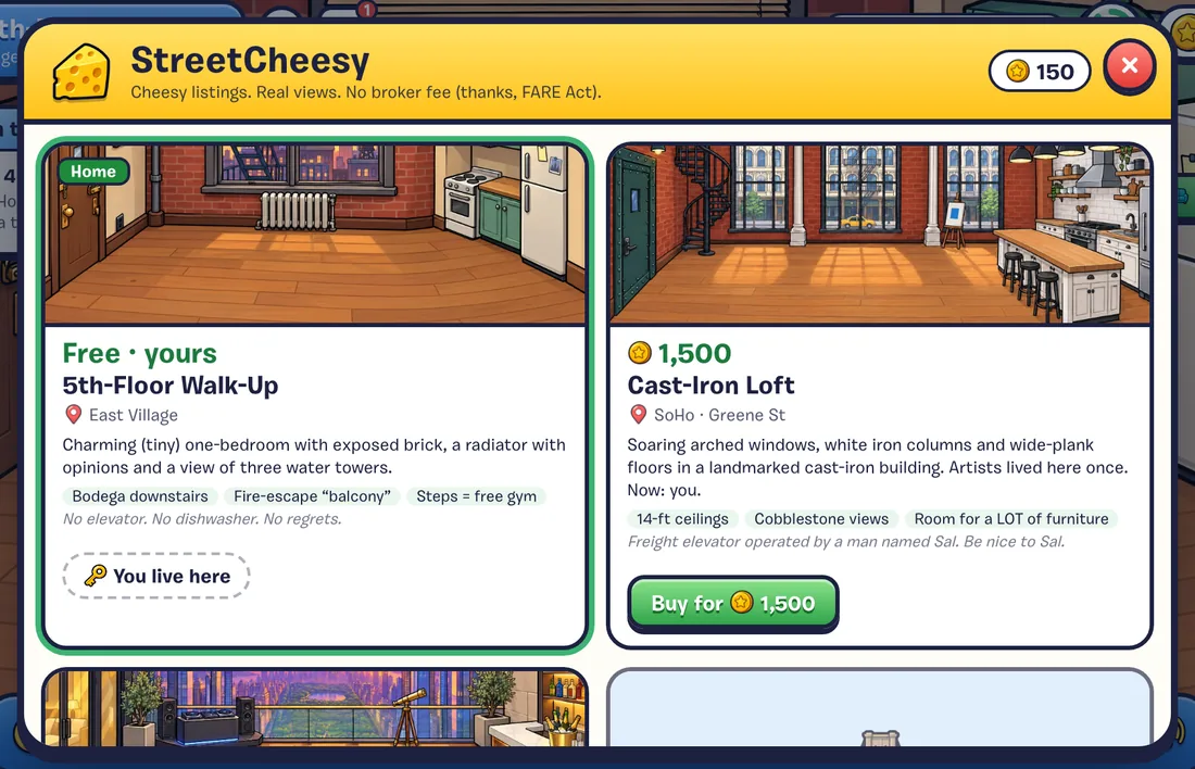 StreetCheesy listings: the walk-up, the Cast-Iron Loft and the Billionaires' Row Penthouse, with prices and perks.