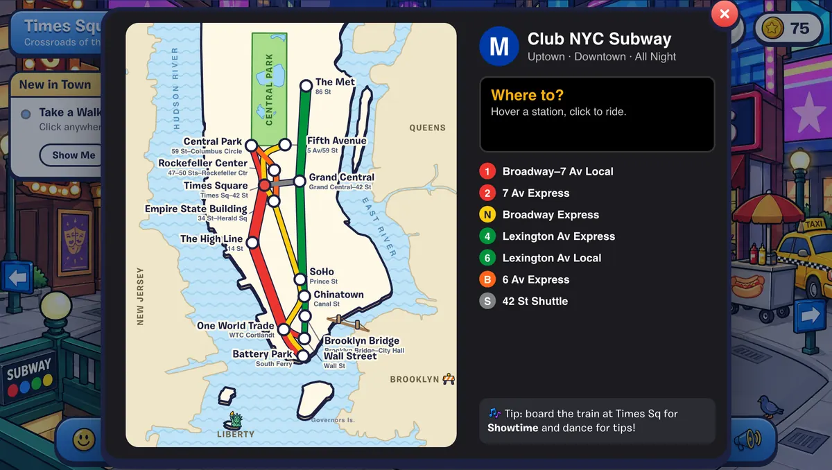 The Club NYC Subway map, with colored lines and stations from 86 St down to South Ferry.