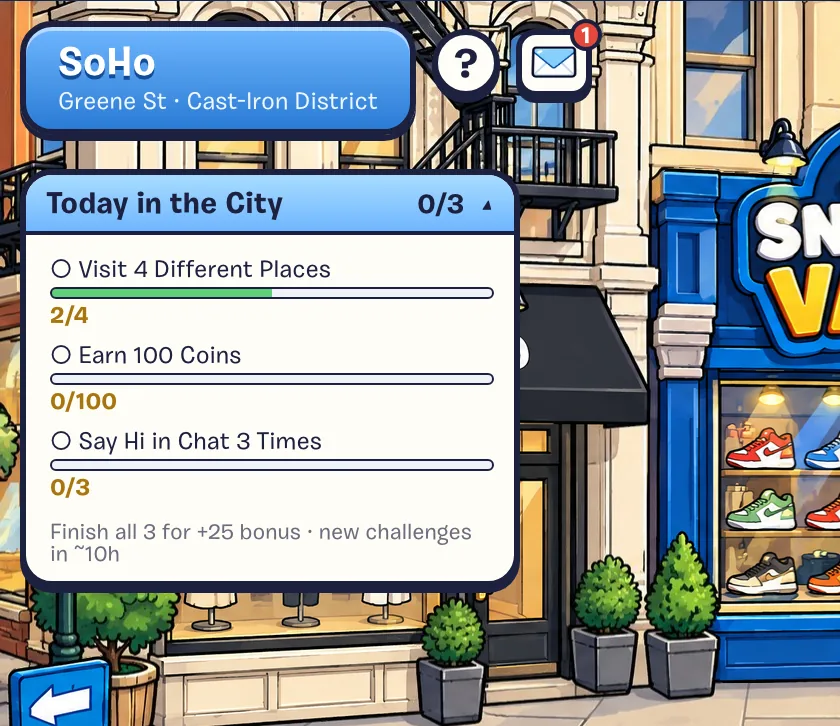 The Today in the City box at the top left, with three challenges and their progress bars.